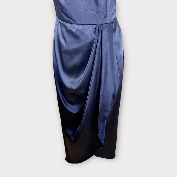 After Six Stretch Charmeuse Halter Draped Midi Dress Midnight Navy Blue Size 8 - Picture 6 of 15